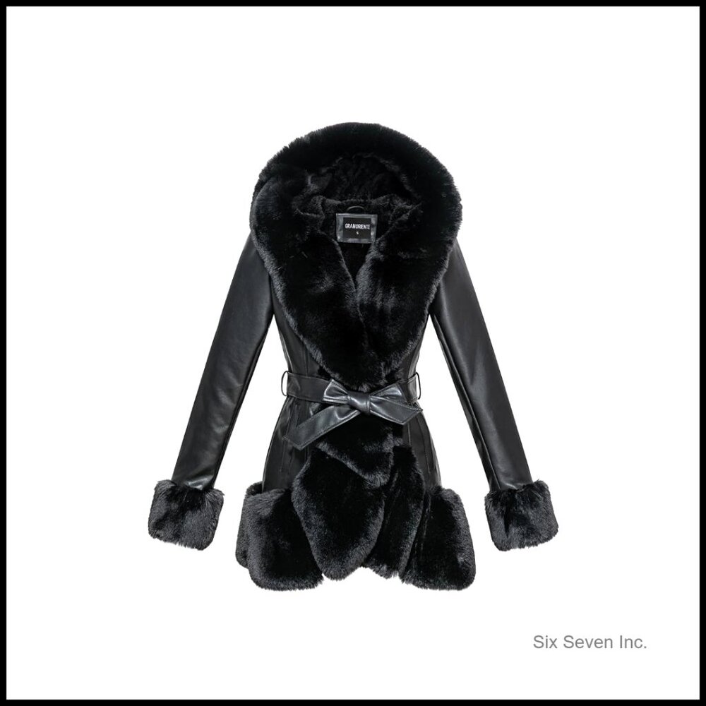 Faux Leather Belted Mid-Length Coat With Faux Fur Collar And Hood